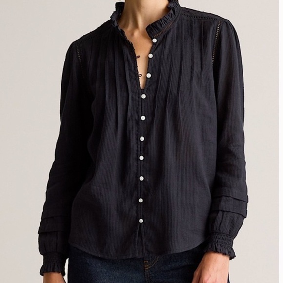 Quince Tops - Quince Organic Textured Cotton Peasant Blouse in Black